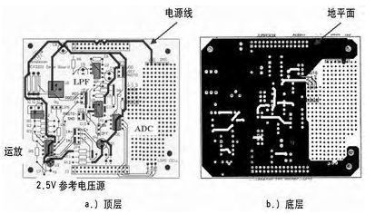 The top and bottom layers of the circuit are routed. Note that there is a ground plane in this route.